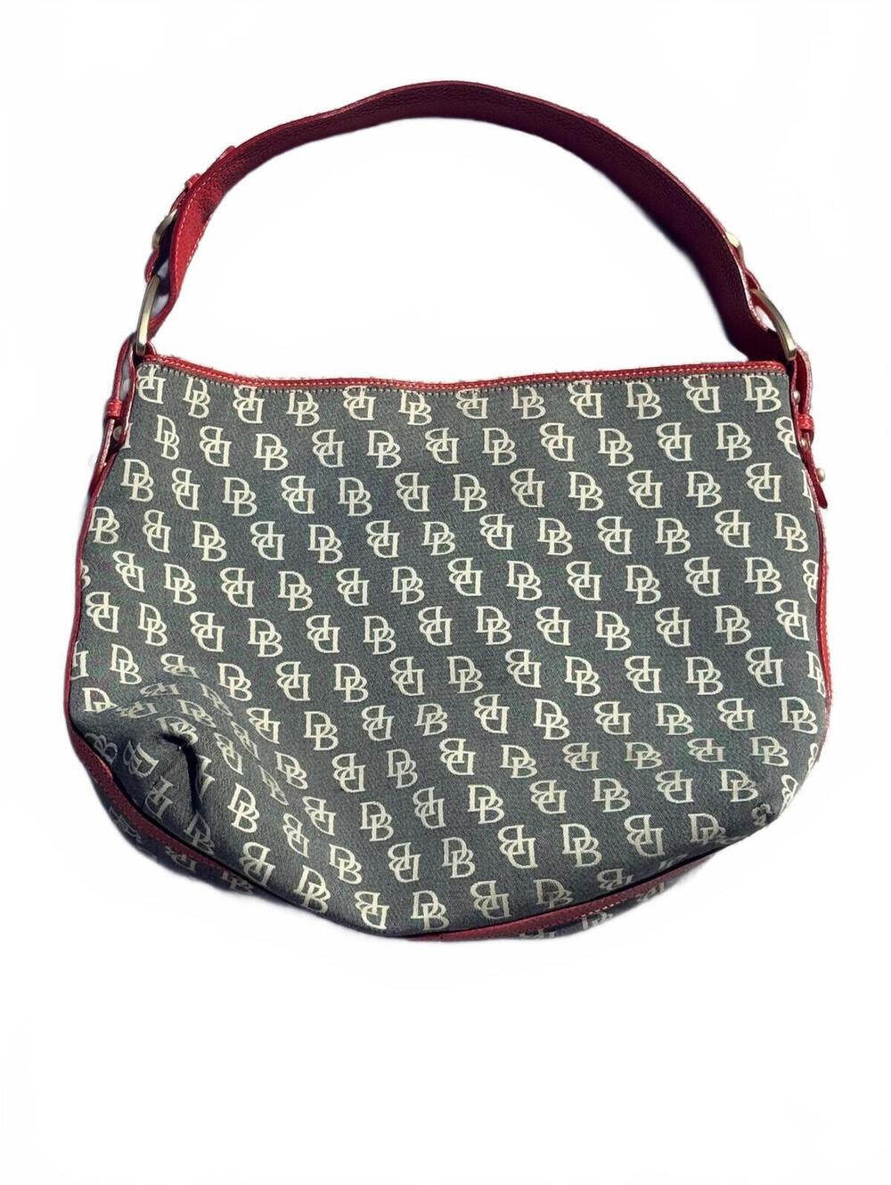 Vintage Dooney & Bourke Signature Monogram Hobo Bag Red Leather Trim Y2K Canvas